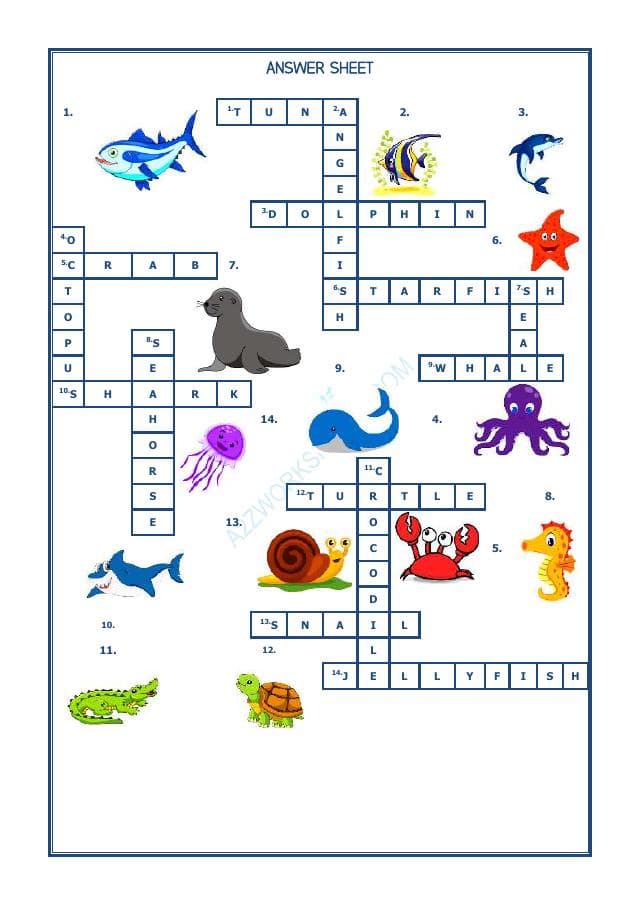 A2ZWorksheets:English-Reading-Crossword -Water Animals