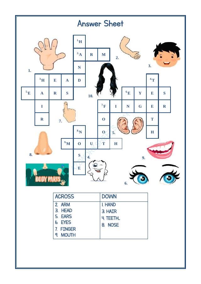 A2ZWorksheets:English-Reading-Crossword-Parts Of Body