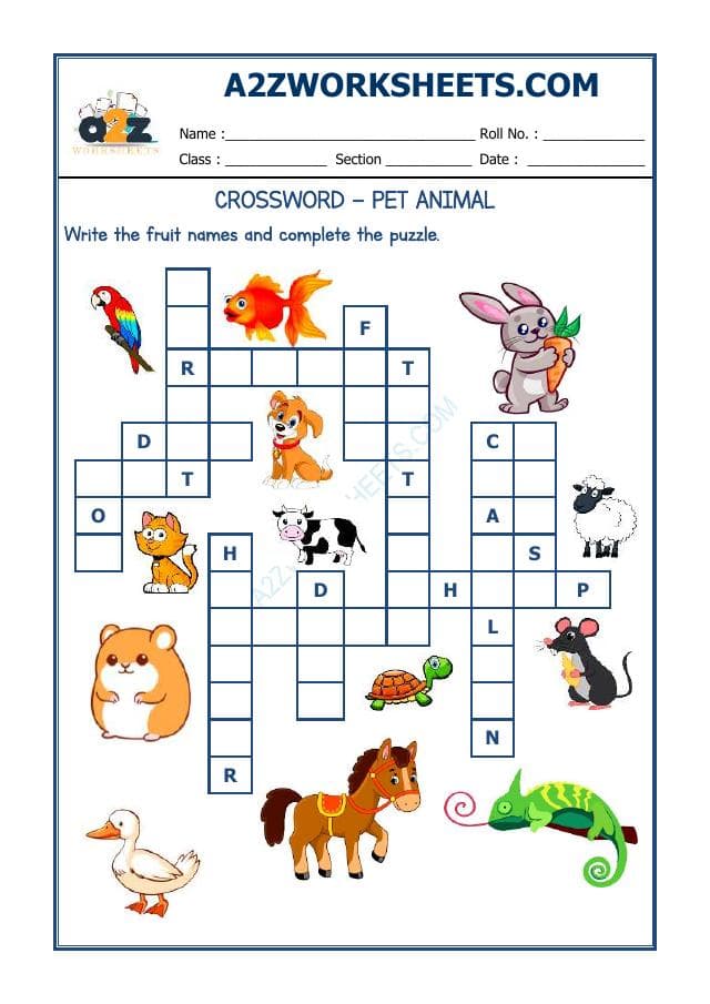 A2ZWorksheets:English-Reading-Crossword -Pet Animals