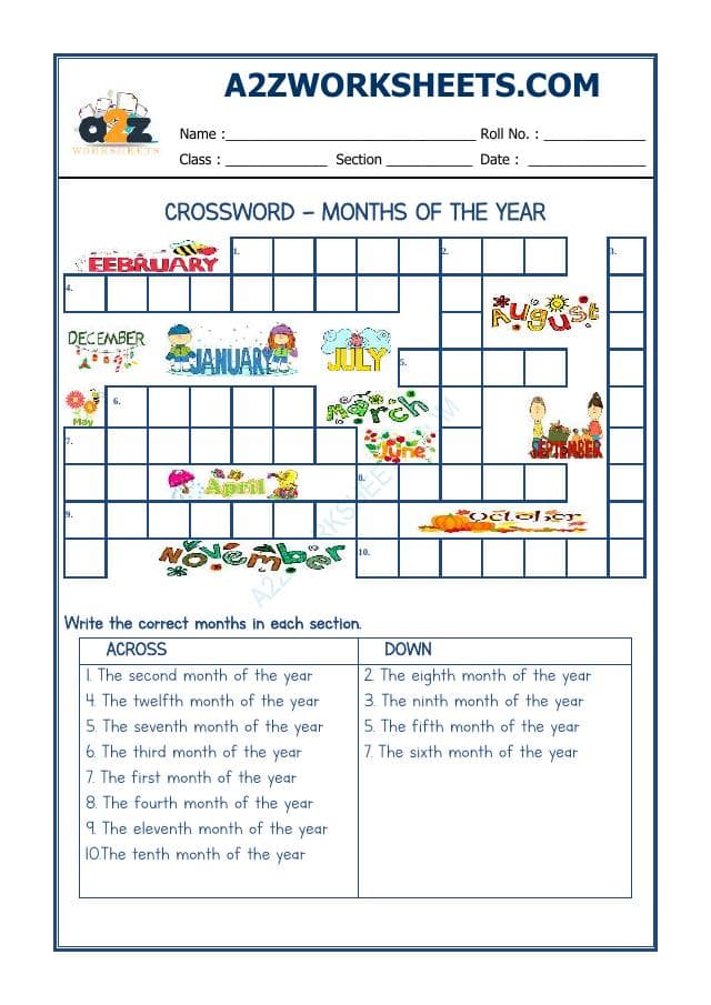 A2ZWorksheets:English-Reading-Cross Word -Month Of The Year