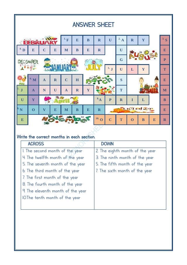 A2ZWorksheets:English-Reading-Cross Word -Month Of The Year