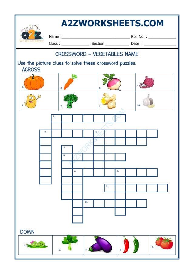 A2ZWorksheets:English-Reading-Crossword -Vegetable Names