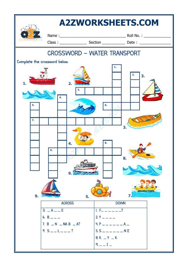 A2ZWorksheets:English-Reading-Crossword - Water Transport