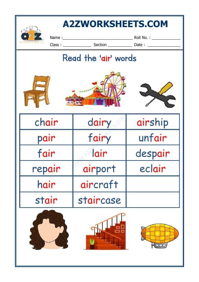 A2ZWorksheets:English-Reading-English Phonics Sounds - 'Air' Sound Words