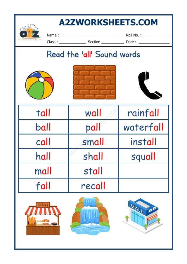 A2ZWorksheets:English-Reading-English Phonics Sounds - 'All' Sound Words