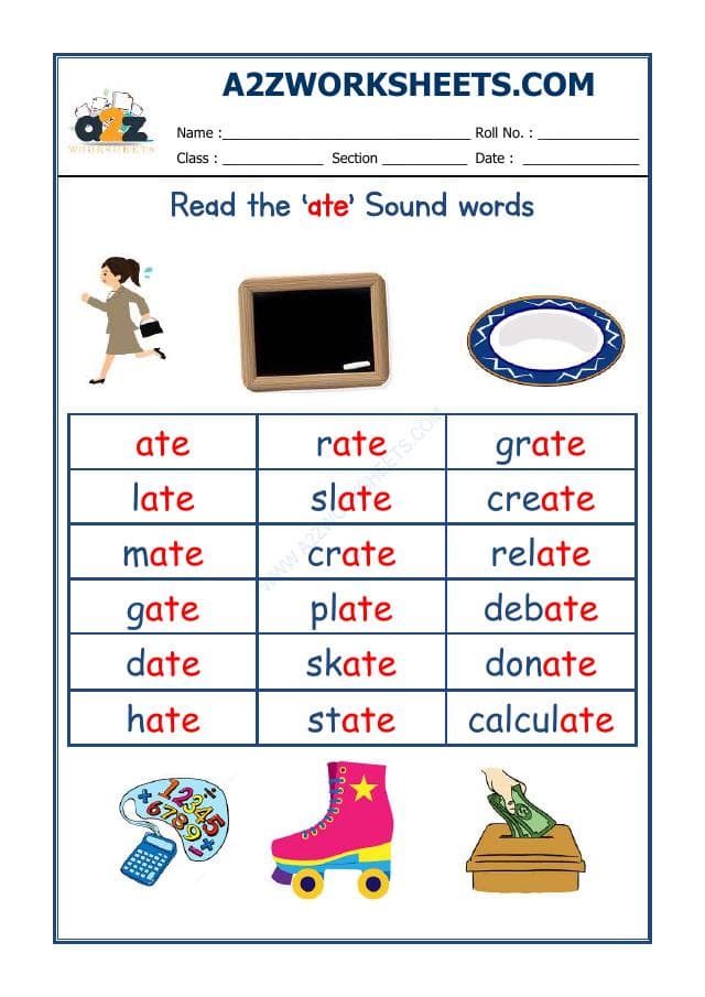 A2ZWorksheets:English-Reading-English Phonics Sounds - 'Ate' Sound Words