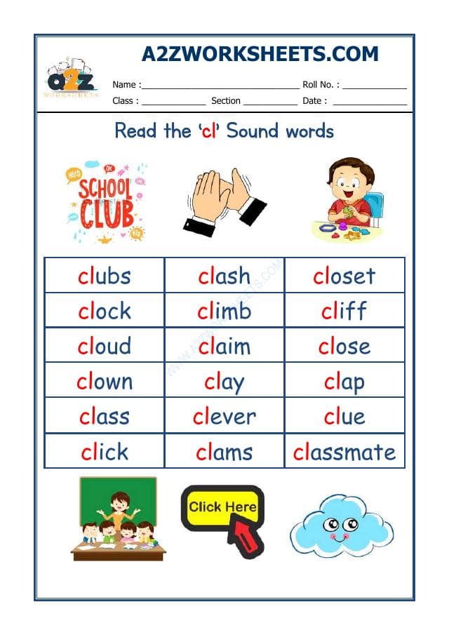 A2ZWorksheets:English-Reading-English Phonics Sounds - 'Cl' Sound Words