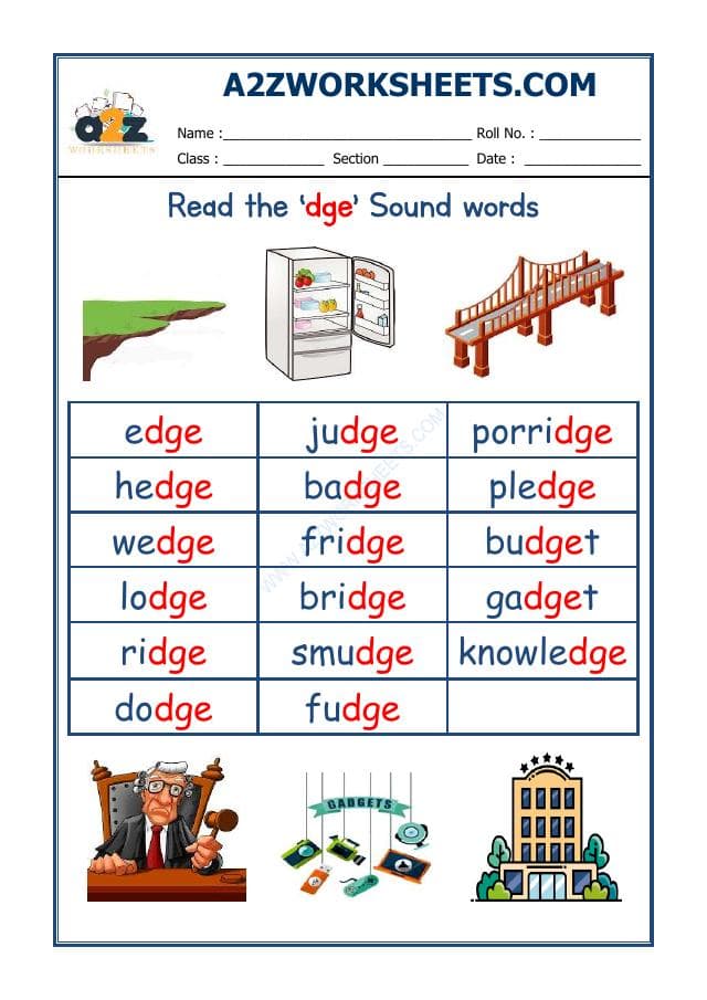 A2ZWorksheets:English-Reading-English Phonics Sounds - 'Dge' Sound Words