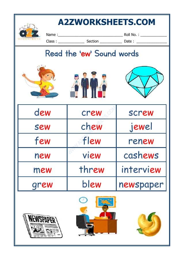 A2ZWorksheets:English-Reading-English Phonics Sounds - 'Ew' Sound Words