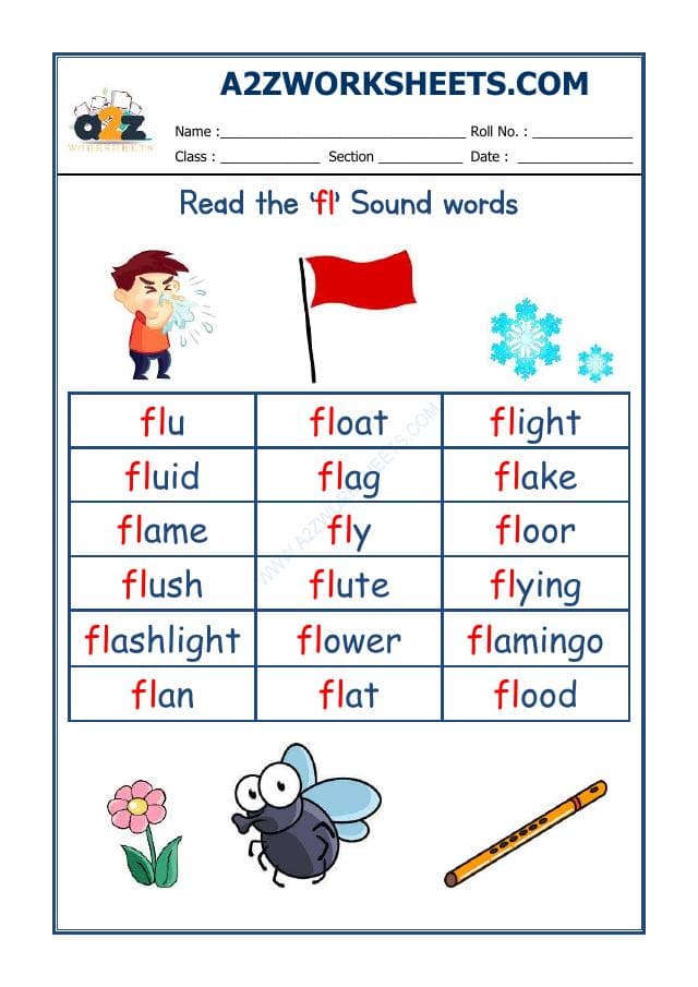 A2ZWorksheets:English-Reading-English Phonics Sounds - 'Fl' Sound Words