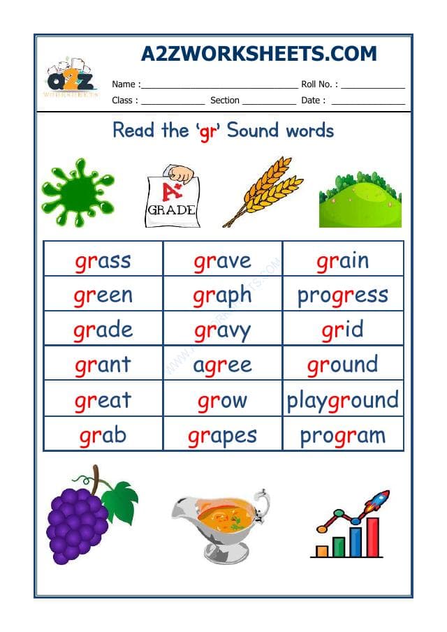 A2ZWorksheets:English-Reading-English Phonics Sounds - 'Gr' Sound Words