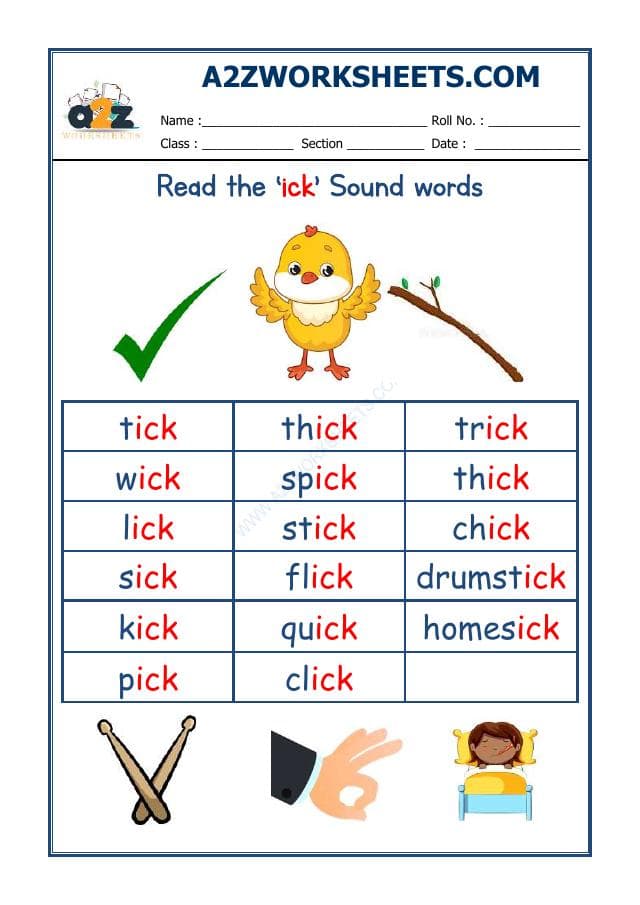 A2ZWorksheets:English-Reading-English Phonics Sounds - 'Ick' Sound Words