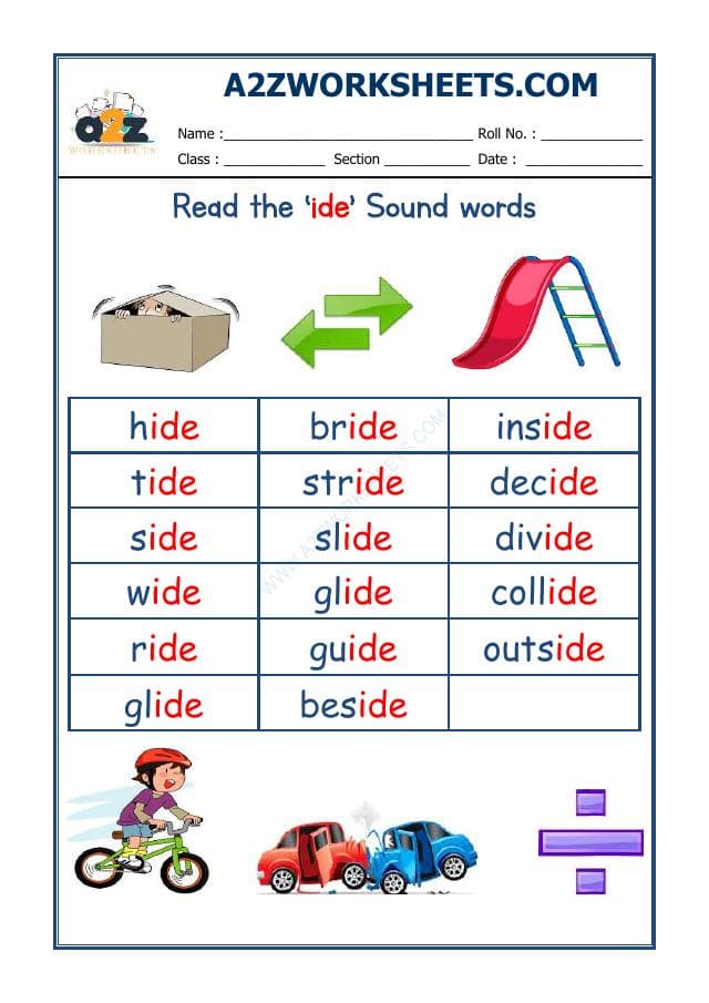 A2ZWorksheets:English-Reading-English Phonics Sounds - 'Ide' Sound Words