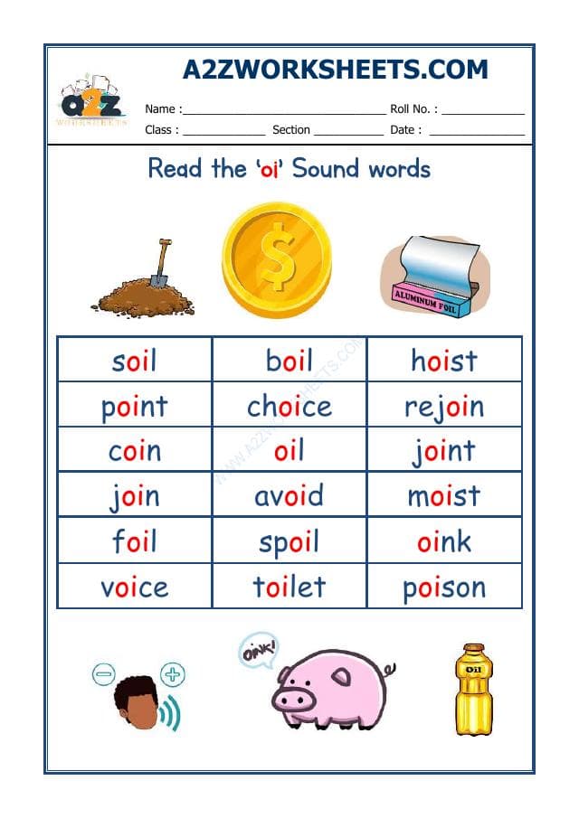 A2ZWorksheets:English-Reading-English Phonics Sounds - 'Oi' Sound Words
