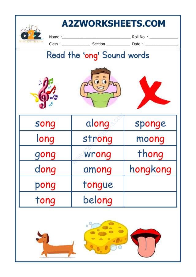 A2ZWorksheets:English-Reading-English Phonics Sounds - 'Ong' Sound Words