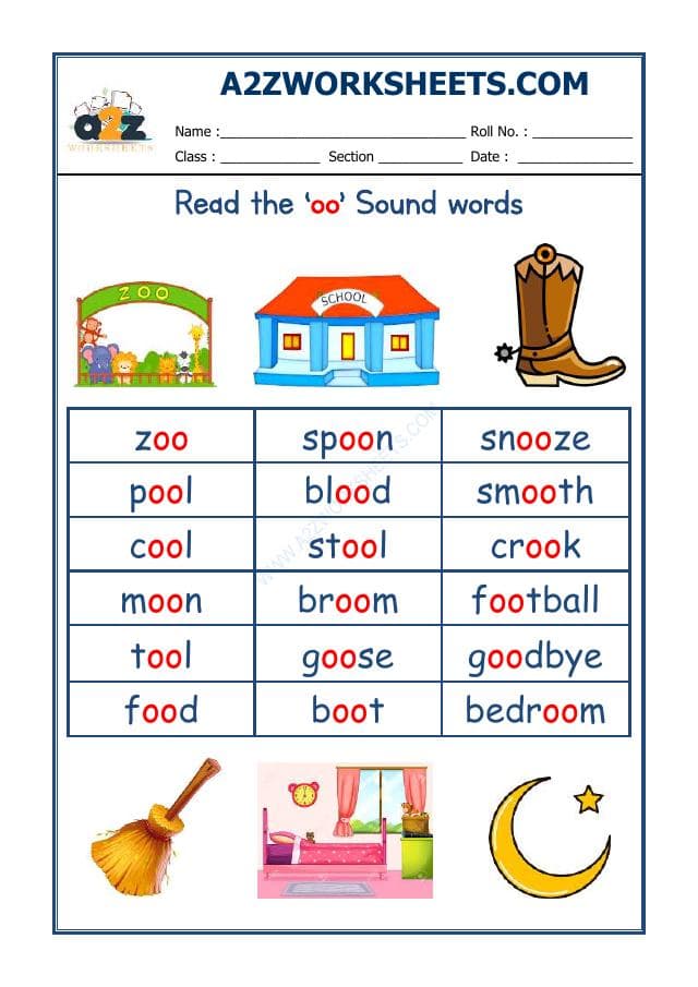 A2ZWorksheets:English-Reading-English Phonics Sounds - 'Oo' Sound Words