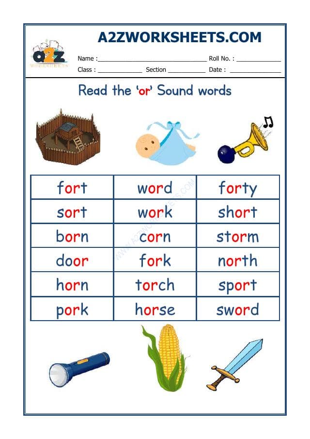 A2ZWorksheets:English-Reading-English Phonics Sounds - 'Or' Sound Words
