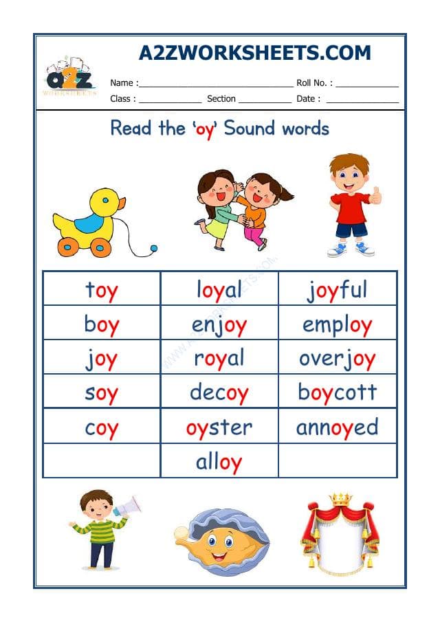A2ZWorksheets:English-Reading-English Phonics Sounds - 'Oy' Sound Words
