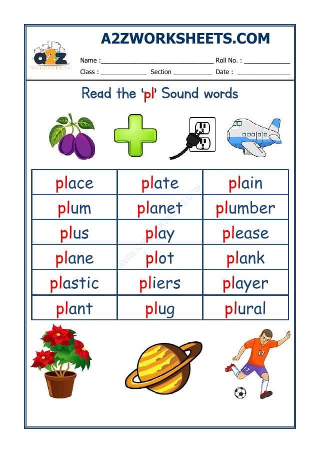 A2ZWorksheets:English-Reading-English Phonics Sounds - 'Pl' Sound Words