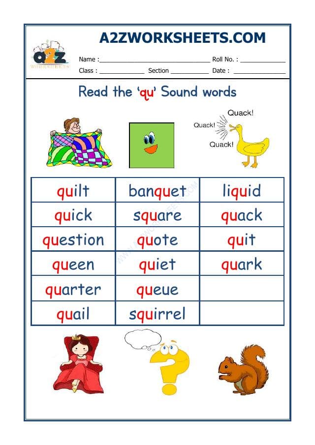 A2ZWorksheets:English-Reading-English Phonics Sounds - 'Qu' Sound Words
