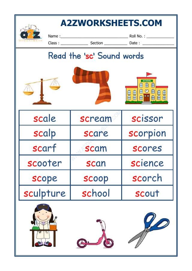 A2ZWorksheets:English-Reading-English Phonics Sounds - 'Sc' Sound Words