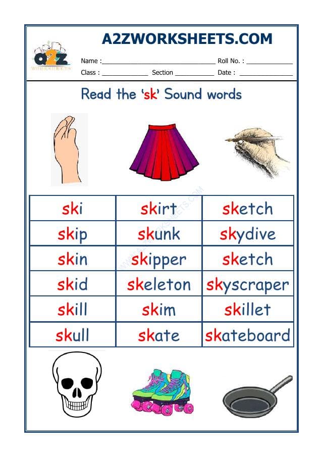 A2ZWorksheets:English-Reading-English Phonics Sounds - 'Sk' Sound Words