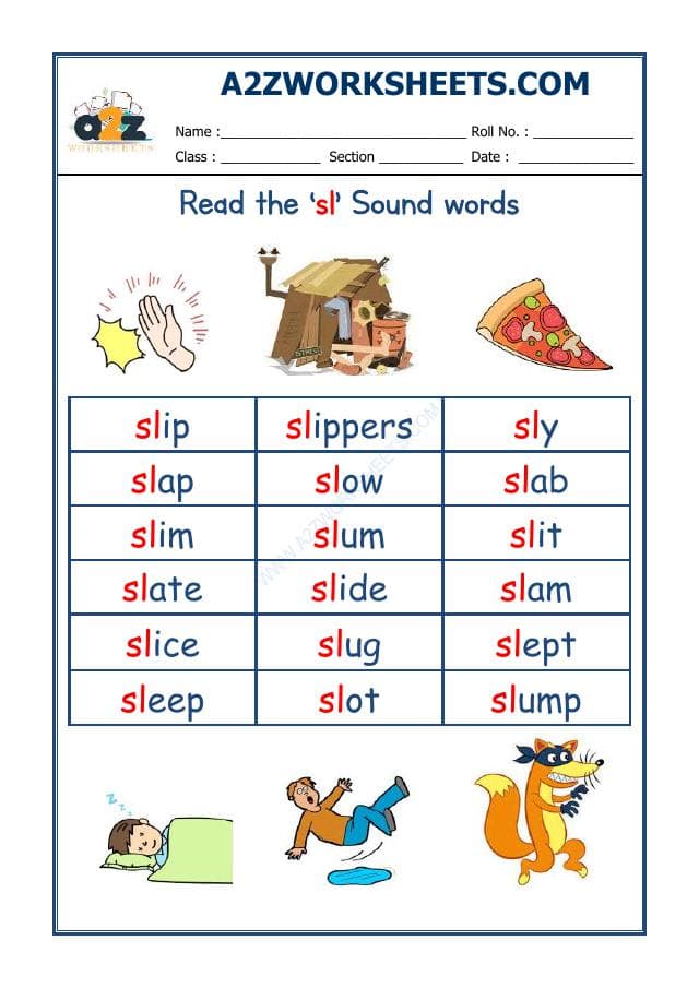 A2ZWorksheets:English-Reading-English Phonics Sounds - 'Sl' Sound Words