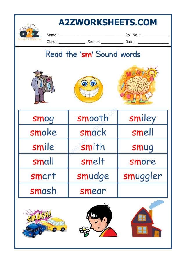 A2ZWorksheets:English-Reading-English Phonics Sounds - 'Sm' Sound Words