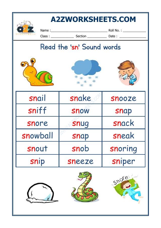A2ZWorksheets:English-Reading-English Phonics Sounds - 'Sn' Sound Words