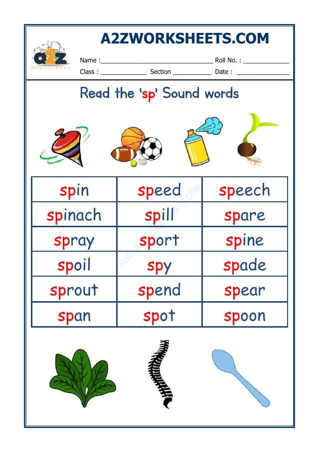 A2ZWorksheets:English-Reading-English Phonics Sounds - 'Sp' Sound Words