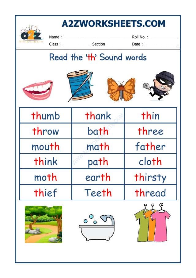 A2ZWorksheets:English-Reading-English Phonics Sounds - 'Th' Sound Words