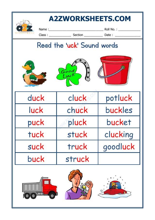 A2ZWorksheets:English-Reading-English Phonics Sounds - 'Uck' Sound Words