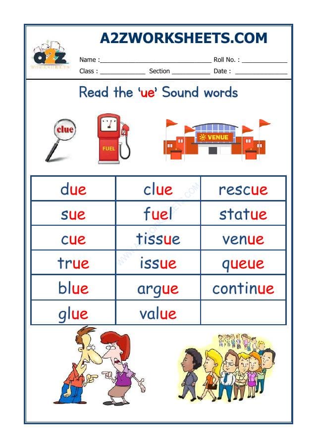 A2ZWorksheets:English-Reading-English Phonics Sounds - 'Ue' Sound Words