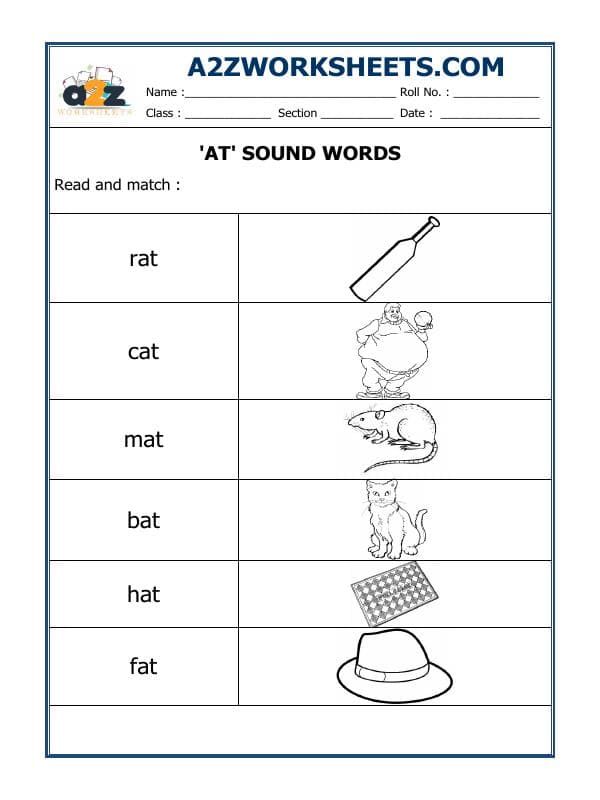 A2ZWorksheets:English-Reading-'At' Sound Words