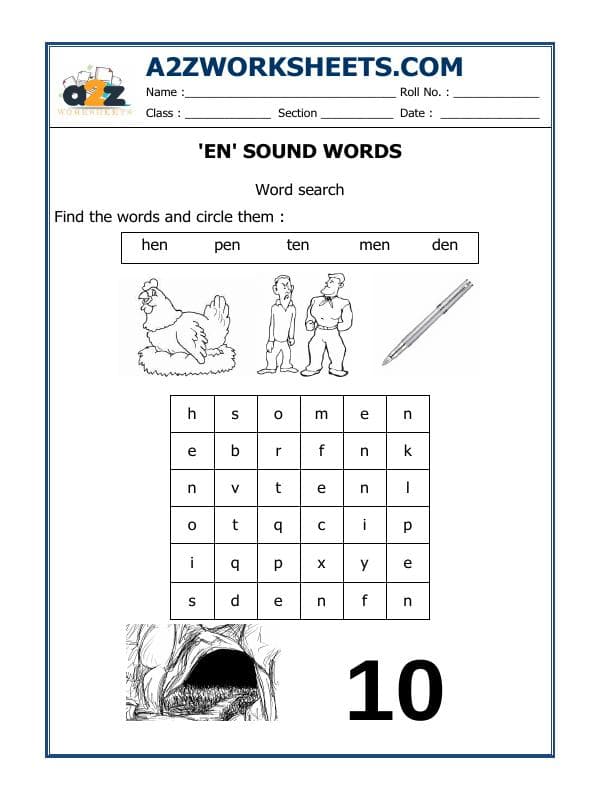 A2ZWorksheets:English-Reading-'En' Sound Words
