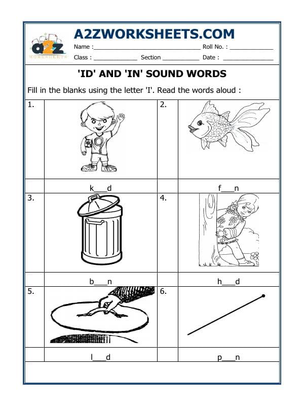 A2ZWorksheets:English-Reading-'Id And 'In' Sound Words