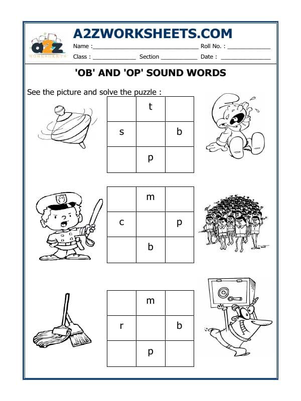 A2ZWorksheets:English-Reading-'Ob' And 'Op' Sound Words