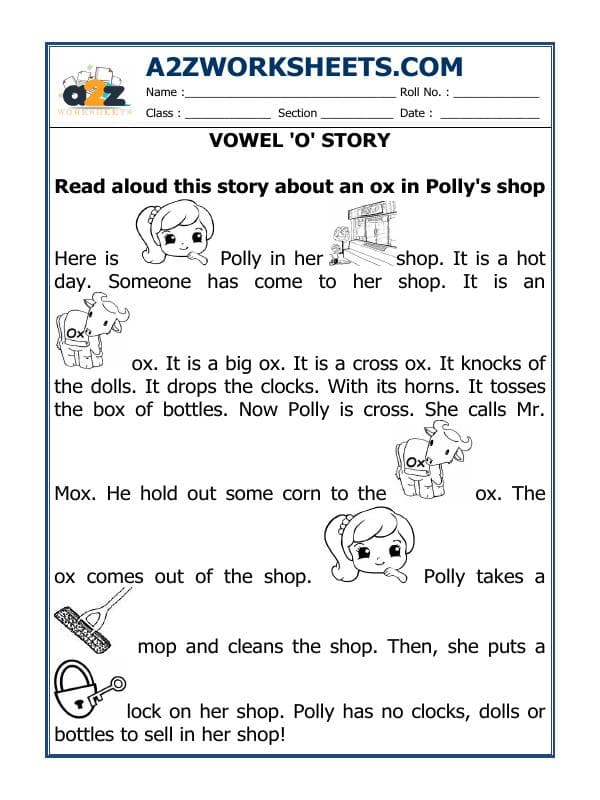 A2ZWorksheets:English-Grammar-Vowel 'O' Story