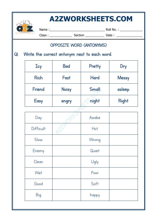 A2ZWorksheets:English-Grammar-Opposite Word-07