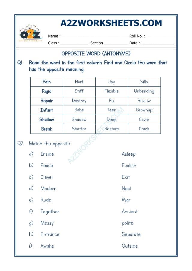 A2ZWorksheets:English-Grammar-Opposite Word-06