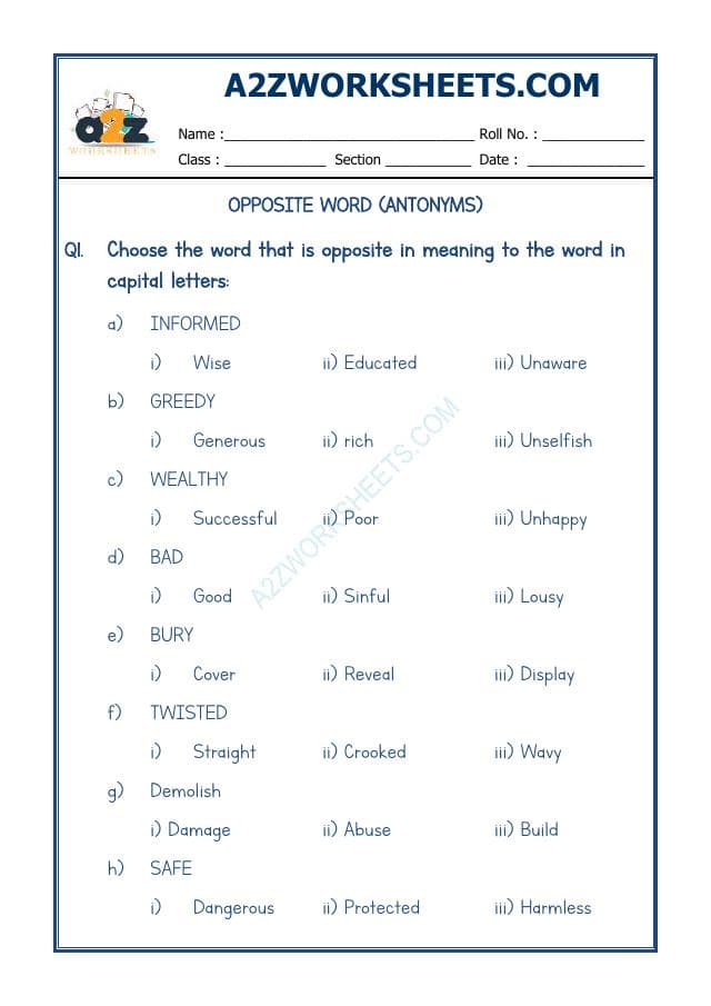 A2ZWorksheets:English-Grammar-Opposite Word-09