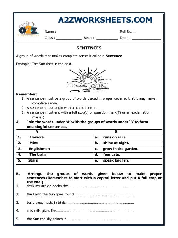 A2ZWorksheets:English-Grammar-Sentences