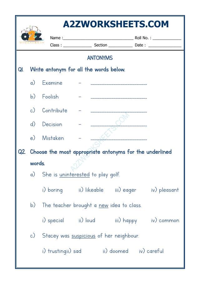 A2ZWorksheets:English-Grammar-Antonyms-10