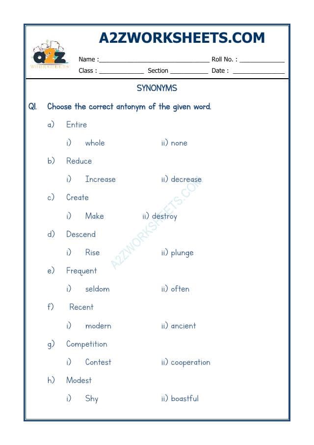 A2ZWorksheets:English-Grammar-Synonyms-01
