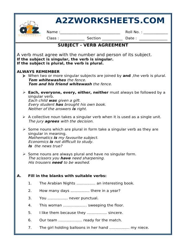 A2ZWorksheets:English-Grammar-Subject - Verb Agreement