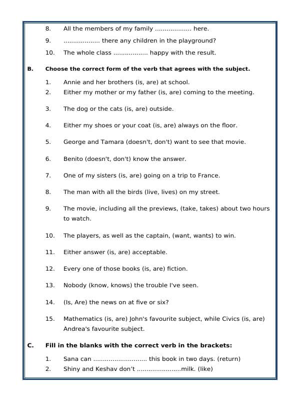 A2ZWorksheets:English-Grammar-Subject - Verb Agreement