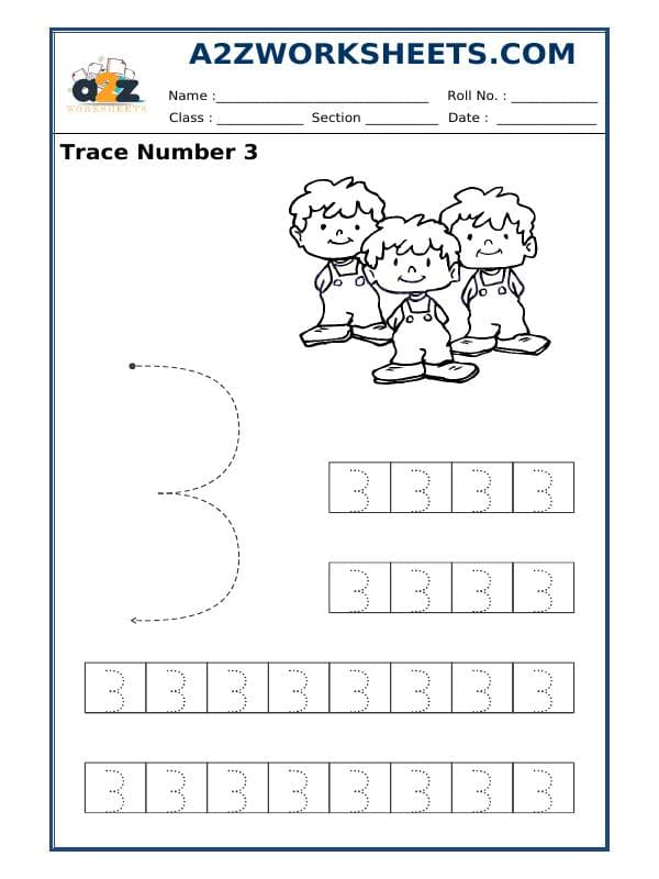 A2ZWorksheets:Maths-Numbers-Formation - Trace Number 3