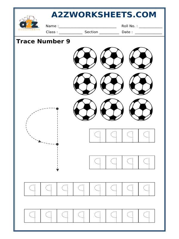 A2ZWorksheets:Maths-Numbers-Formation - Trace Number 9