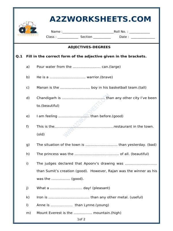 A2ZWorksheets:English-Grammar-Adjectives - 02 (Exercise)