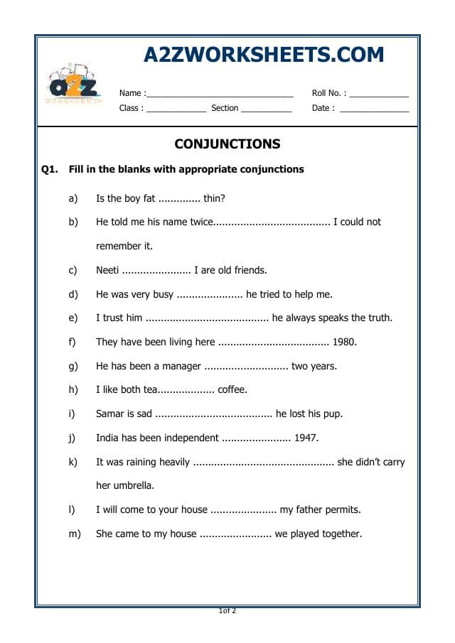 A2ZWorksheets:English-Grammar-Conjunctions - 02 (Exercise)